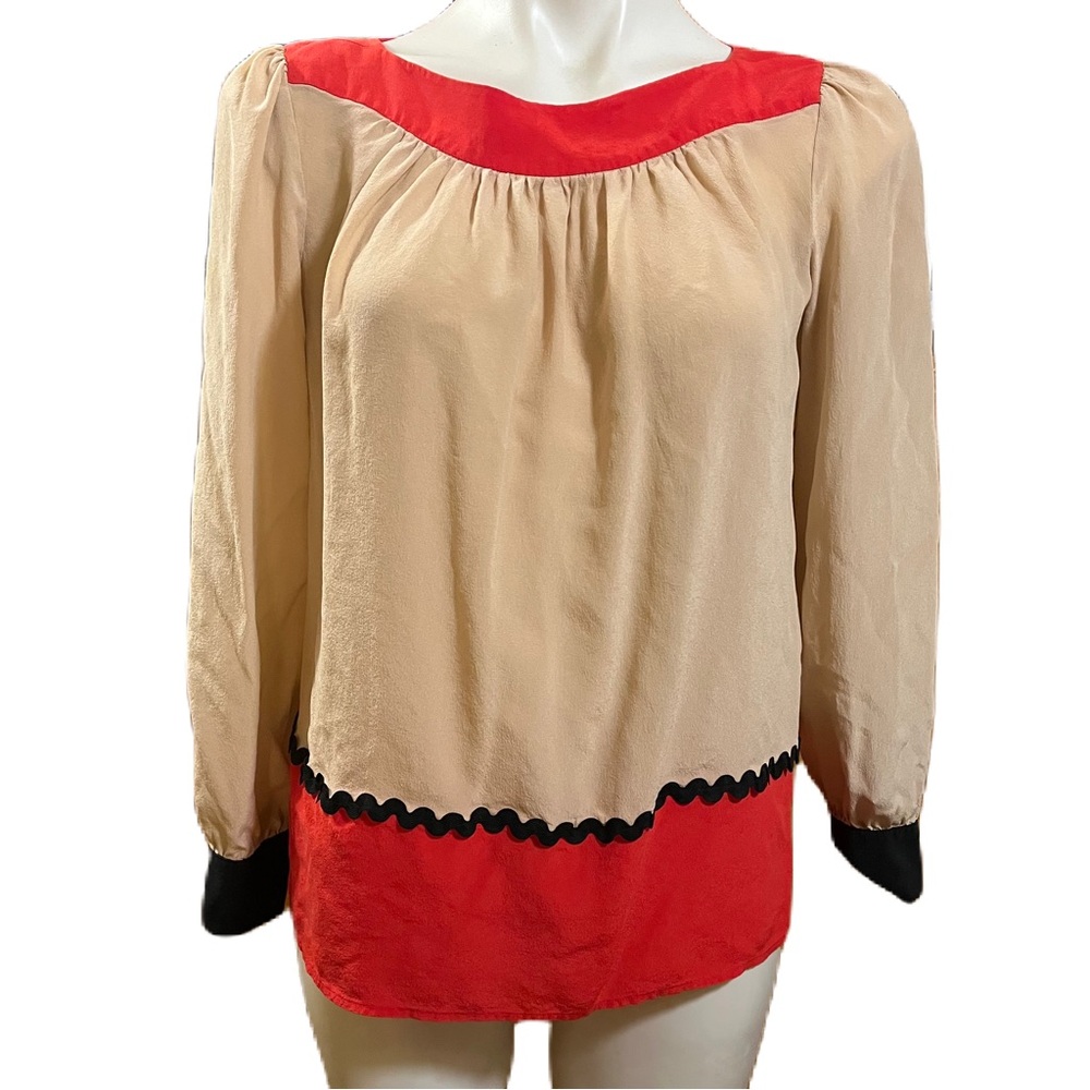 Pippa 100% Silk colorblock red and cream blouse 8